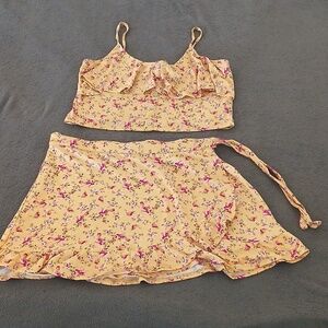 No Boundaries Yellow Floral Two-Piece Skirt Set with Pink Accents